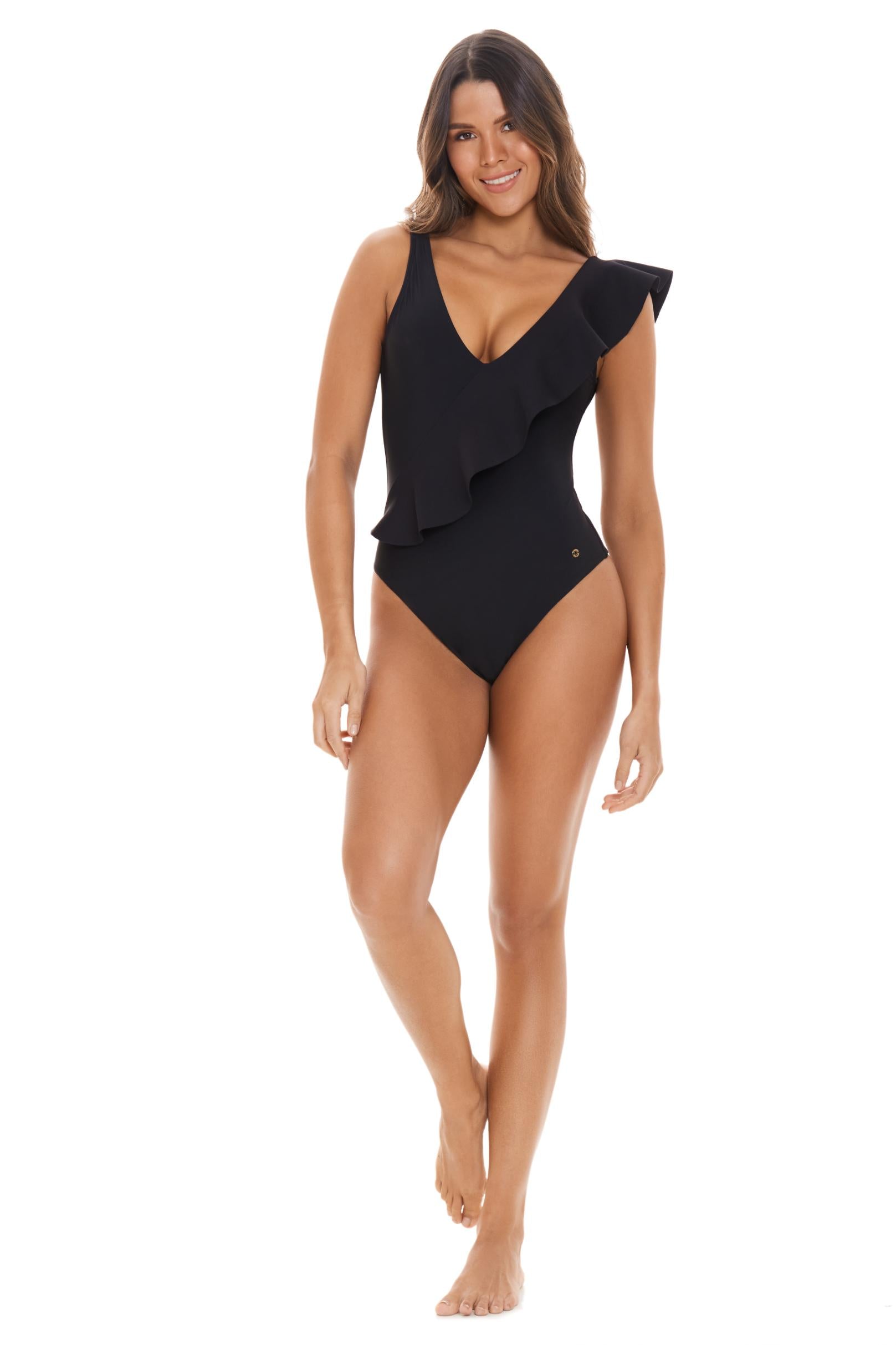 Black ruffle one piece on sale